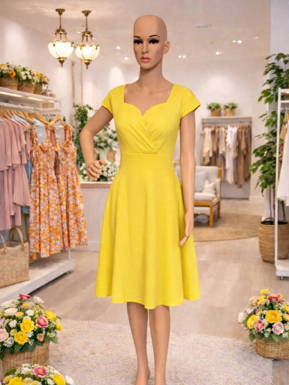 Yellow Fit and Flare Dress with Pockets - Size XL